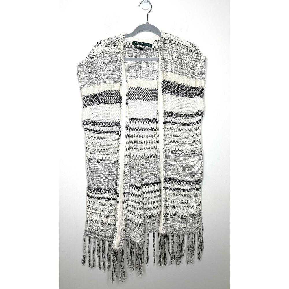 Lauren Ralph Lauren Denim Striped Cardigan with Fringe Sz S/M Cream Gray